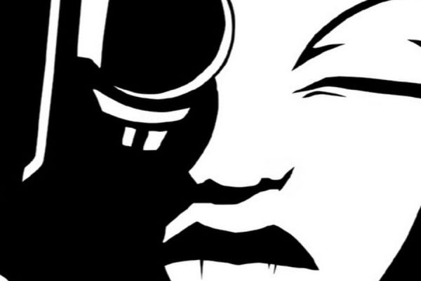 Schwarz-weiß Illustration eines Menschen mit Brille und Lippen.